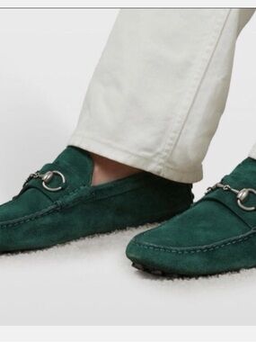 New Gucci Horsebit Moccasin Suede Driver Loafer Green Mens